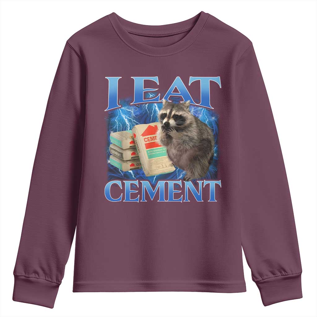 I Eat Cement Youth Sweatshirt Cursed Raccoon Funny Oddly Dank Meme Gen Z TS10 Maroon Print Your Wear