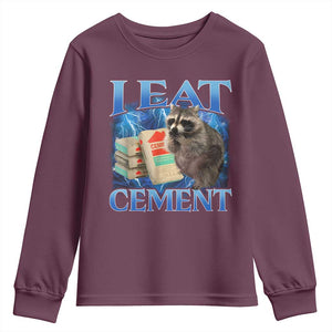 I Eat Cement Youth Sweatshirt Cursed Raccoon Funny Oddly Dank Meme Gen Z TS10 Maroon Print Your Wear