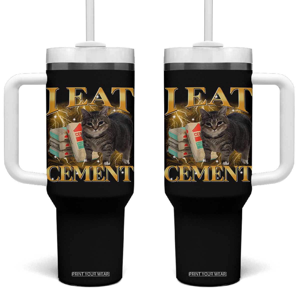 I Eat Cement Cat Meme Tumbler With Handle Funny Internet Memes Bootleg Cursed Cat Lovers - Print Your Wear