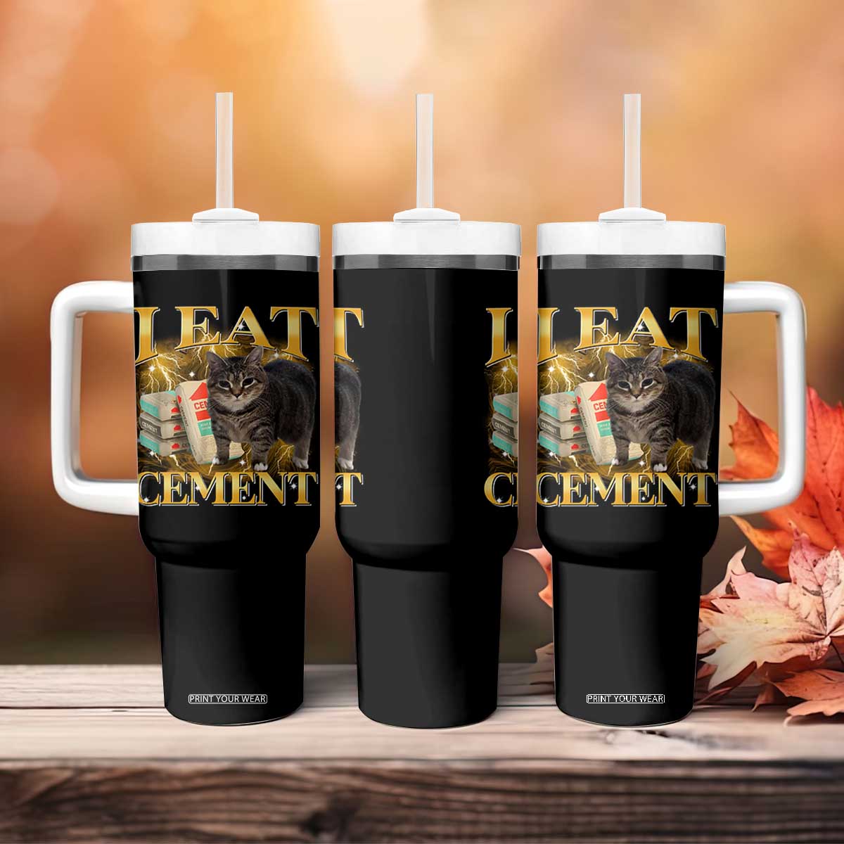 I Eat Cement Cat Meme Tumbler With Handle Funny Internet Memes Bootleg Cursed Cat Lovers TS10 Print Your Wear