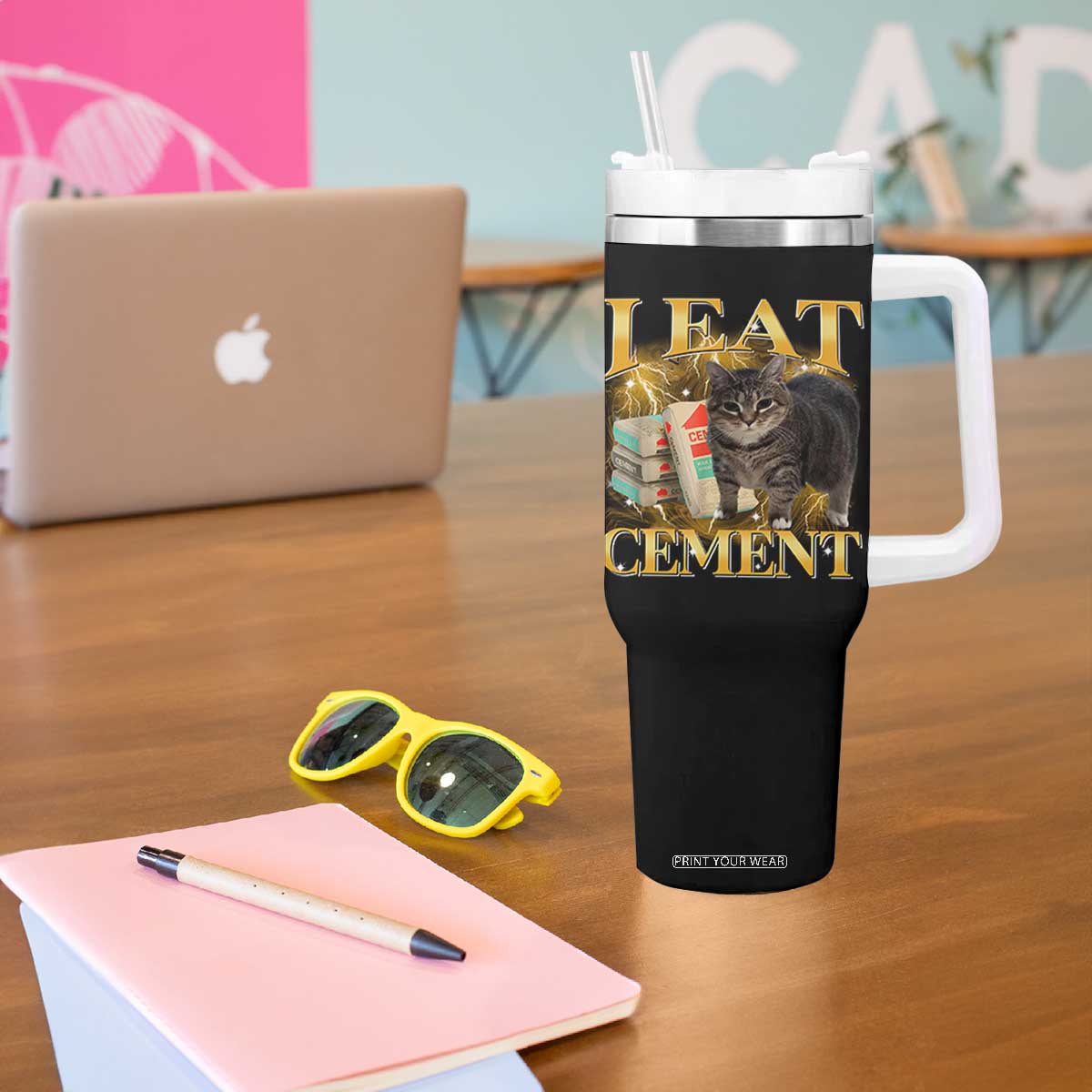 I Eat Cement Cat Meme Tumbler With Handle Funny Internet Memes Bootleg Cursed Cat Lovers TS10 Print Your Wear