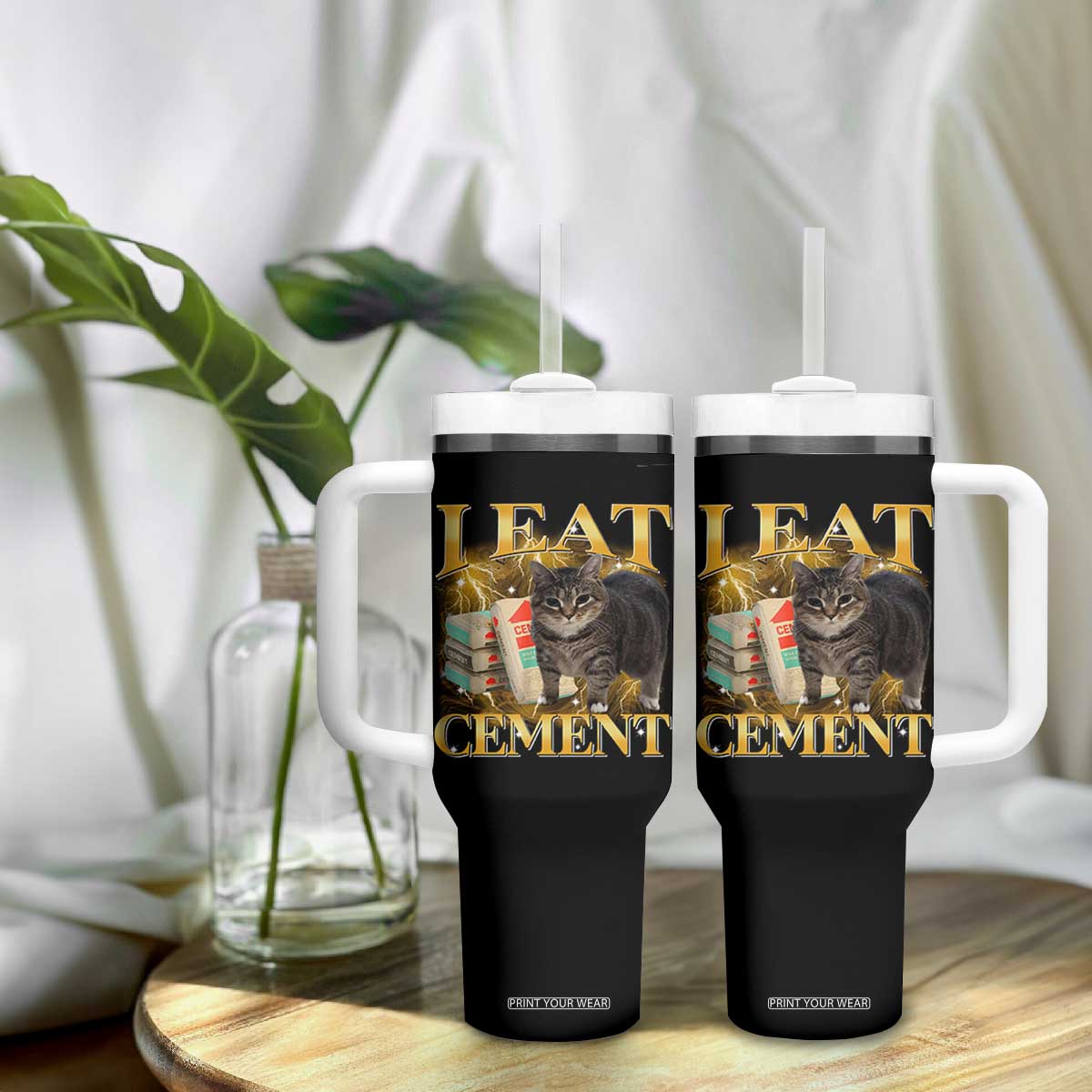 I Eat Cement Cat Meme Tumbler With Handle Funny Internet Memes Bootleg Cursed Cat Lovers TS10 Print Your Wear
