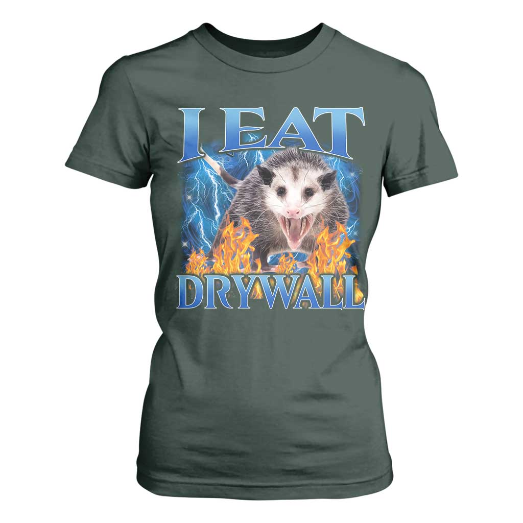 Possum Meme T Shirt For Women I Eat Drywall Opossum Funny Weird Cursed Internet Memes TS10 Dark Forest Green Print Your Wear