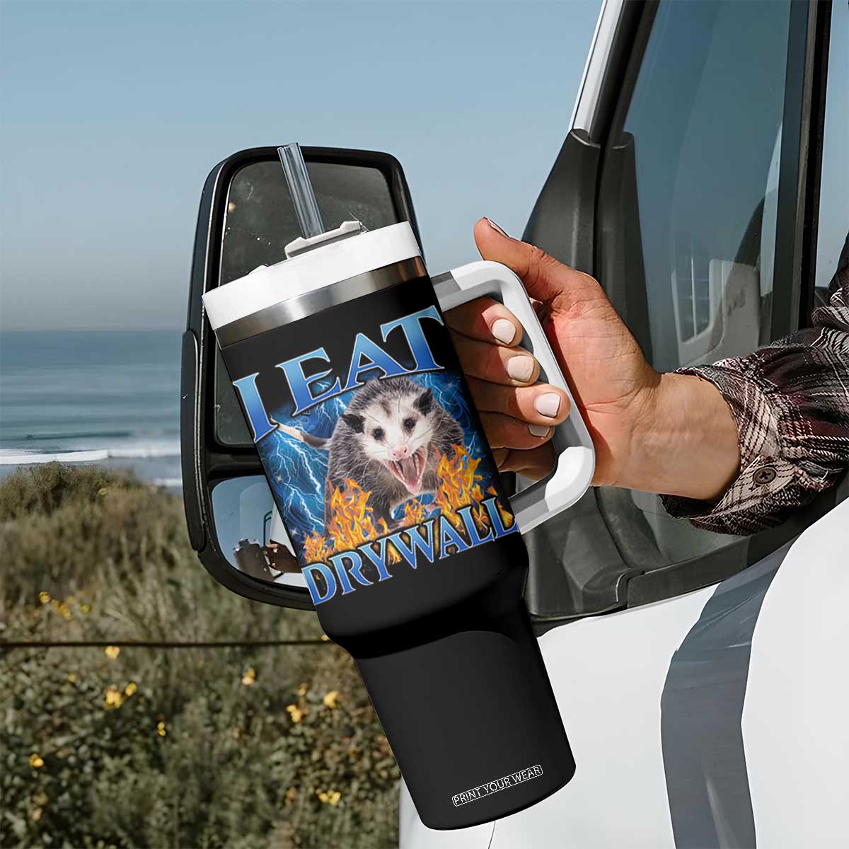 Possum Meme Tumbler With Handle I Eat Drywall Opossum Funny Weird Cursed Internet Memes TS10 Print Your Wear