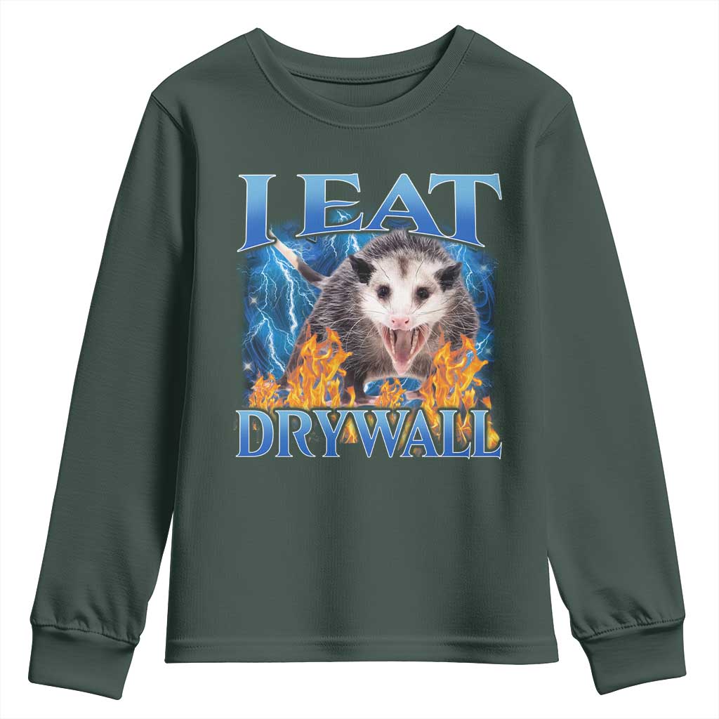Possum Meme Youth Sweatshirt I Eat Drywall Opossum Funny Weird Cursed Internet Memes TS10 Dark Forest Green Print Your Wear