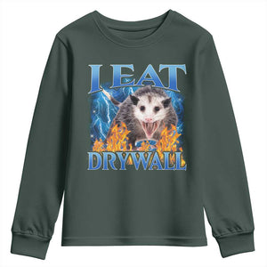 Possum Meme Youth Sweatshirt I Eat Drywall Opossum Funny Weird Cursed Internet Memes TS10 Dark Forest Green Print Your Wear