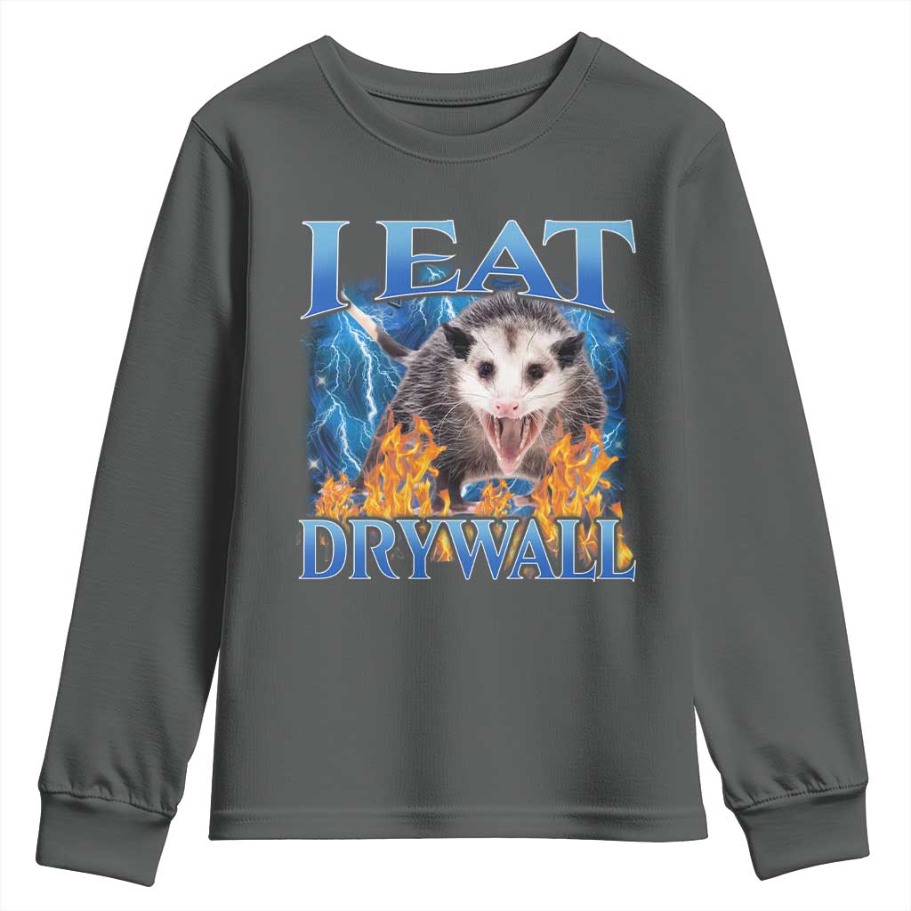Possum Meme Youth Sweatshirt I Eat Drywall Opossum Funny Weird Cursed Internet Memes TS10 Dark Heather Print Your Wear