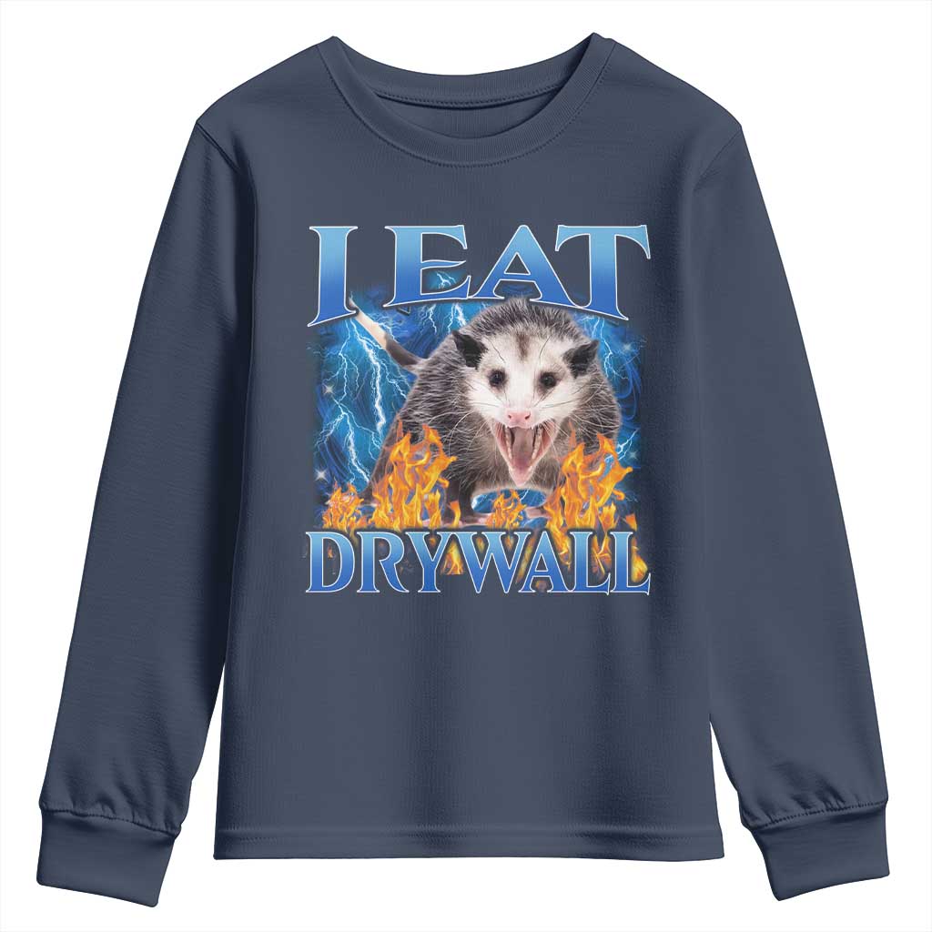 Possum Meme Youth Sweatshirt I Eat Drywall Opossum Funny Weird Cursed Internet Memes TS10 Navy Print Your Wear