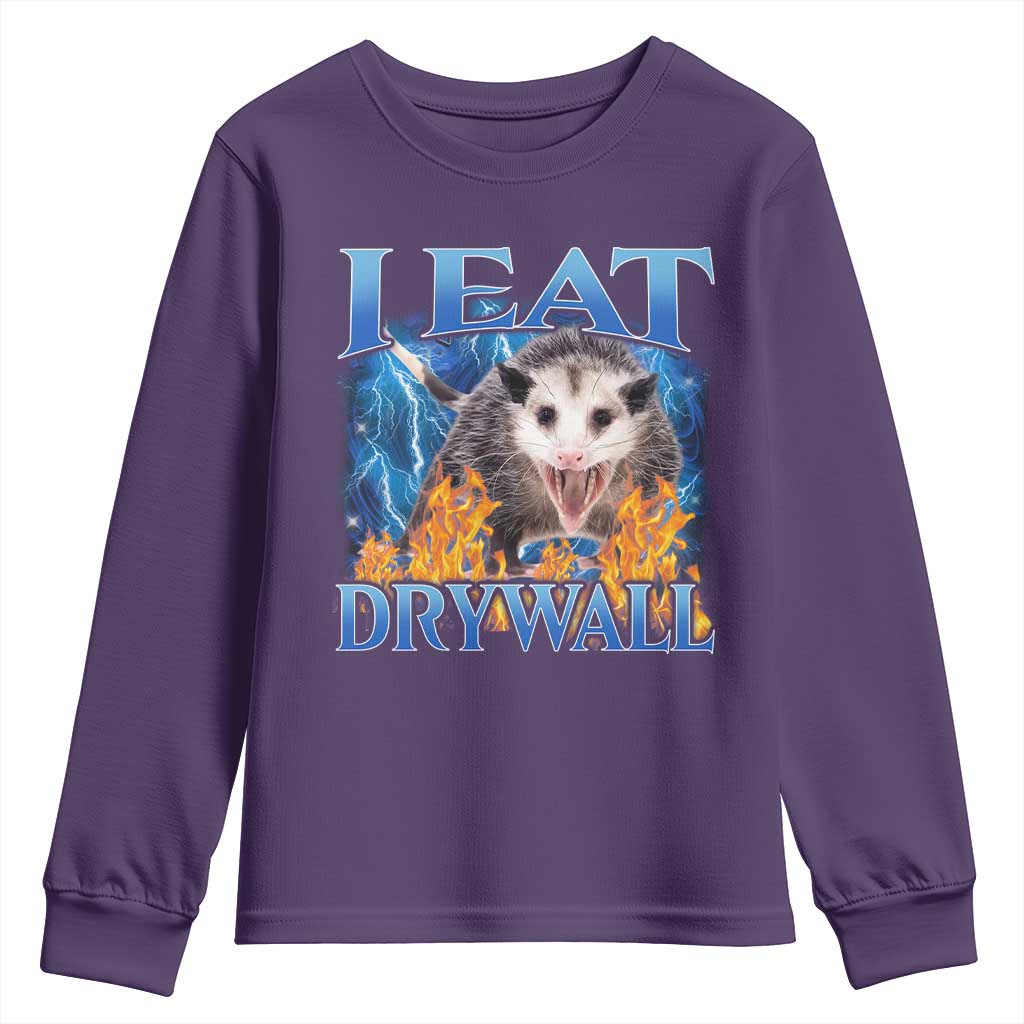 Possum Meme Youth Sweatshirt I Eat Drywall Opossum Funny Weird Cursed Internet Memes TS10 Purple Print Your Wear