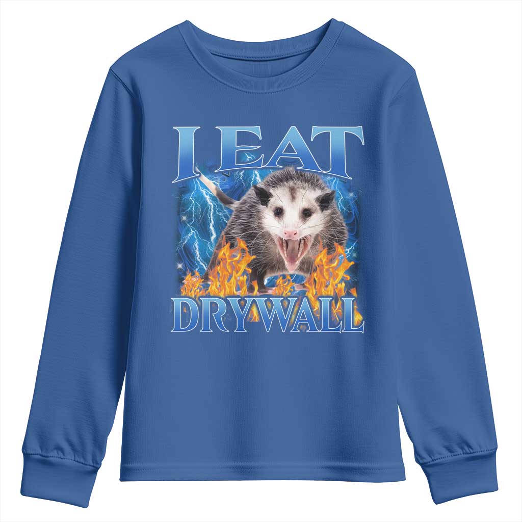 Possum Meme Youth Sweatshirt I Eat Drywall Opossum Funny Weird Cursed Internet Memes TS10 Royal Blue Print Your Wear