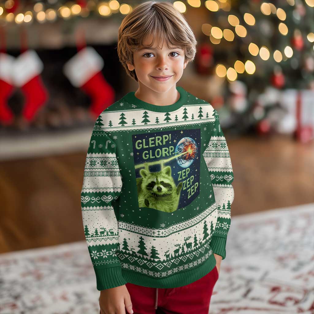 Funny Alien Raccoon Meme Ugly Christmas Sweater Glerp Glorp Brainrot Stupid Gift TS10 Forest Green Beige Print Your Wear