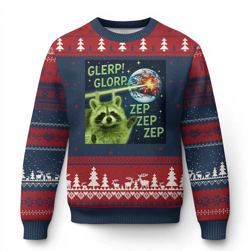 Funny Alien Raccoon Meme Ugly Christmas Sweater Glerp Glorp Brainrot Stupid Gift TS10 Navy Red Print Your Wear