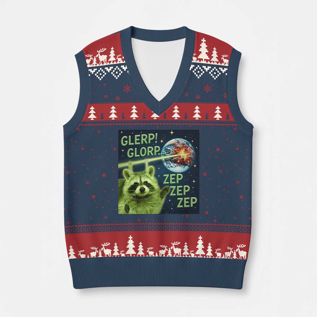 Funny Alien Raccoon Meme V-Neck Knit Sweater Vest Glerp Glorp Brainrot Stupid Gift TS10 Navy Red Print Your Wear