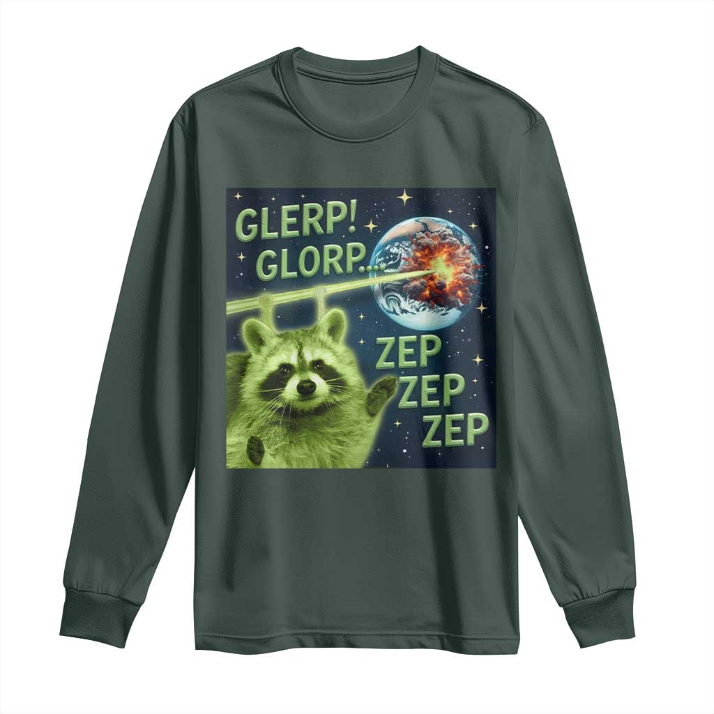 Funny Alien Raccoon Meme Long Sleeve Shirt Glerp Glorp Brainrot Stupid Gift TS10 Dark Forest Green Print Your Wear