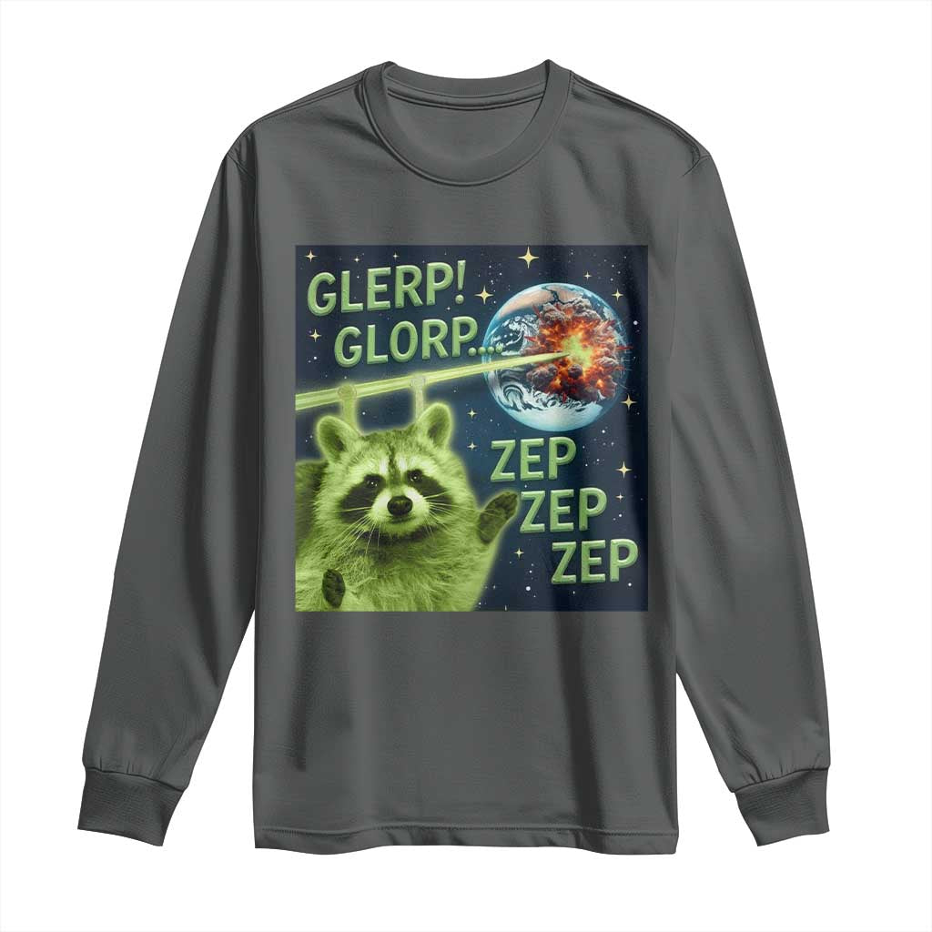 Funny Alien Raccoon Meme Long Sleeve Shirt Glerp Glorp Brainrot Stupid Gift TS10 Dark Heather Print Your Wear