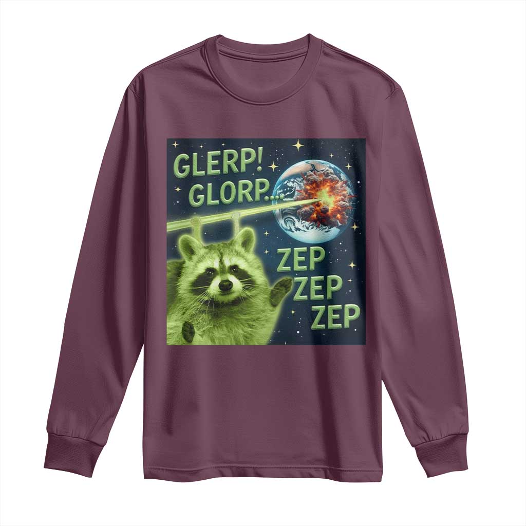 Funny Alien Raccoon Meme Long Sleeve Shirt Glerp Glorp Brainrot Stupid Gift TS10 Maroon Print Your Wear
