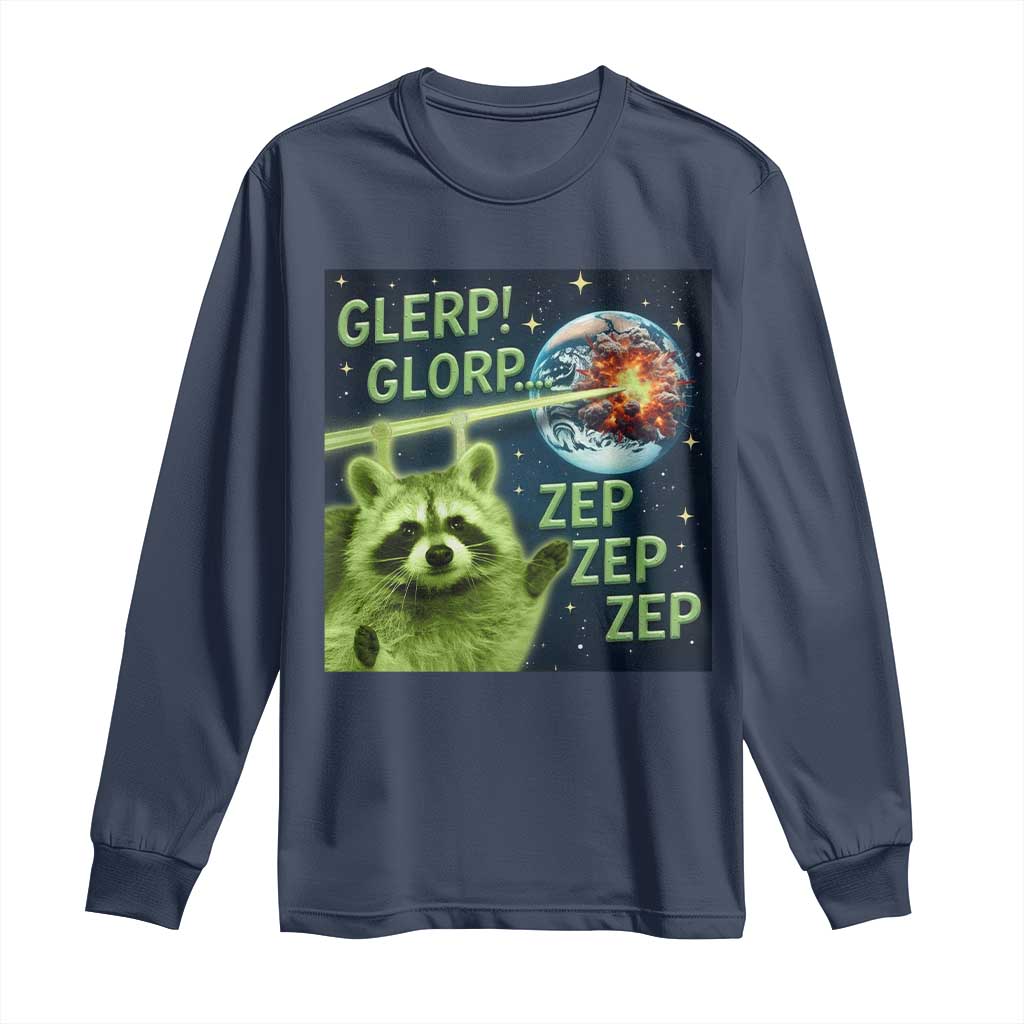 Funny Alien Raccoon Meme Long Sleeve Shirt Glerp Glorp Brainrot Stupid Gift TS10 Navy Print Your Wear