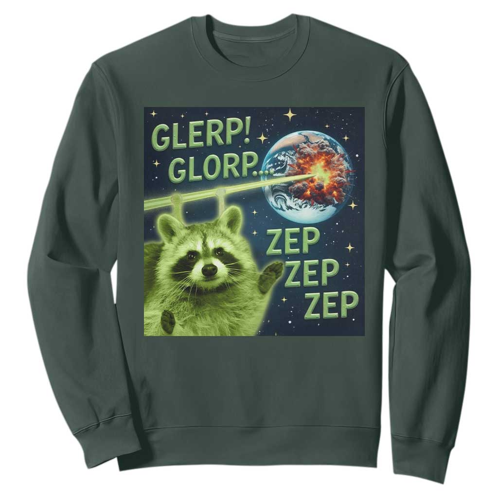 Funny Alien Raccoon Meme Sweatshirt Glerp Glorp Brainrot Stupid Gift TS10 Dark Forest Green Print Your Wear