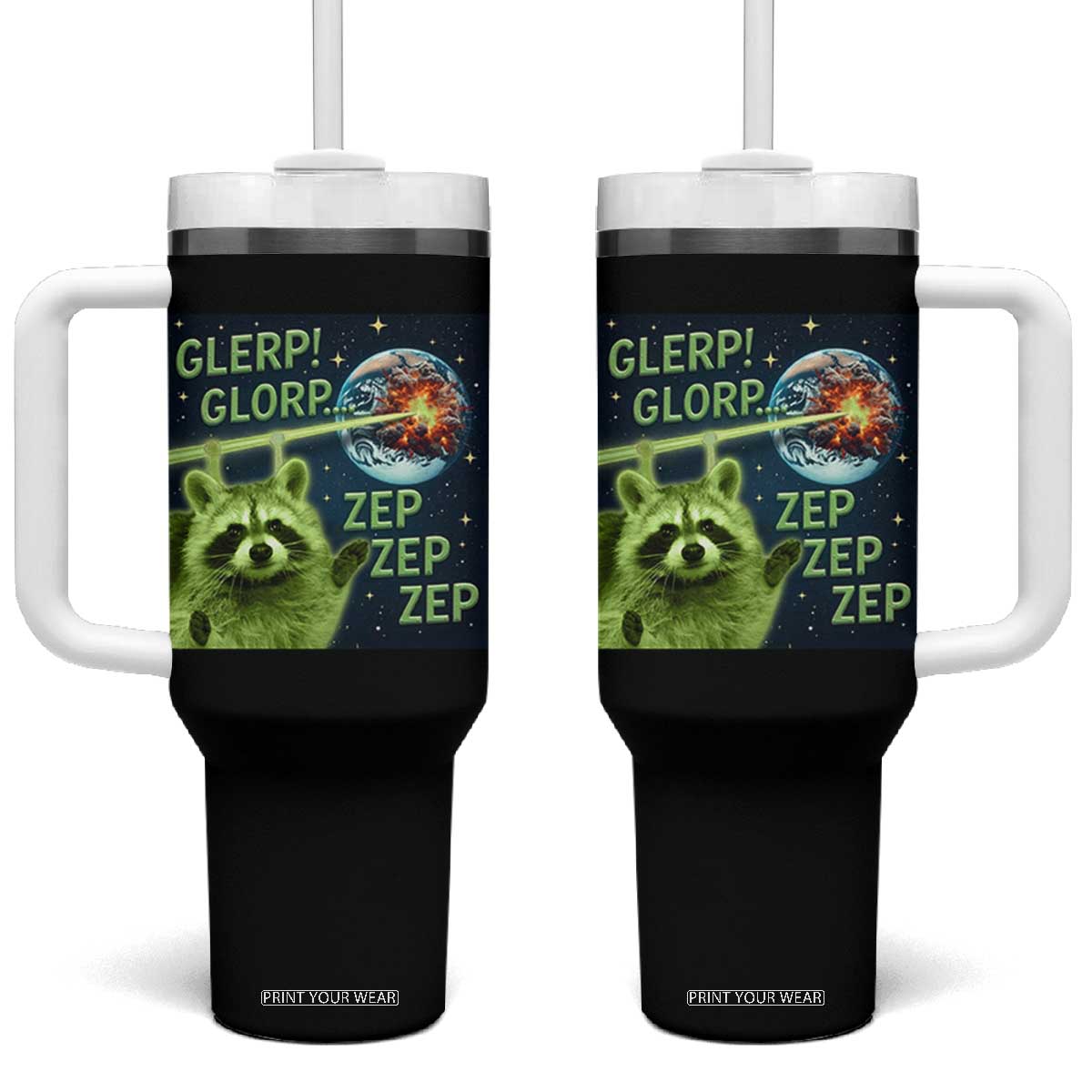 Funny Alien Raccoon Meme Tumbler With Handle Glerp Glorp Brainrot Stupid Gift TS10 One Size: 40 oz Black Print Your Wear