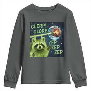 Funny Alien Raccoon Meme Youth Sweatshirt Glerp Glorp Brainrot Stupid Gift TS10 Dark Heather Print Your Wear