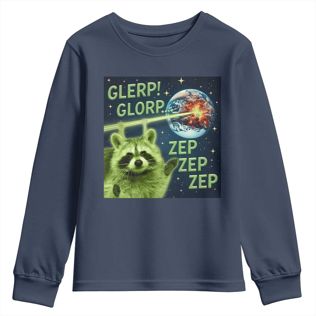 Funny Alien Raccoon Meme Youth Sweatshirt Glerp Glorp Brainrot Stupid Gift TS10 Navy Print Your Wear