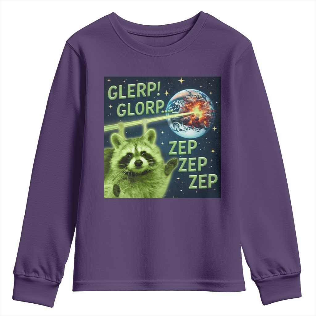 Funny Alien Raccoon Meme Youth Sweatshirt Glerp Glorp Brainrot Stupid Gift TS10 Purple Print Your Wear