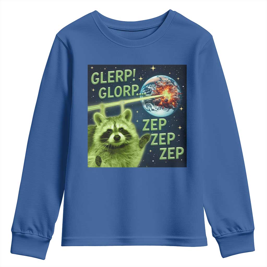 Funny Alien Raccoon Meme Youth Sweatshirt Glerp Glorp Brainrot Stupid Gift TS10 Royal Blue Print Your Wear