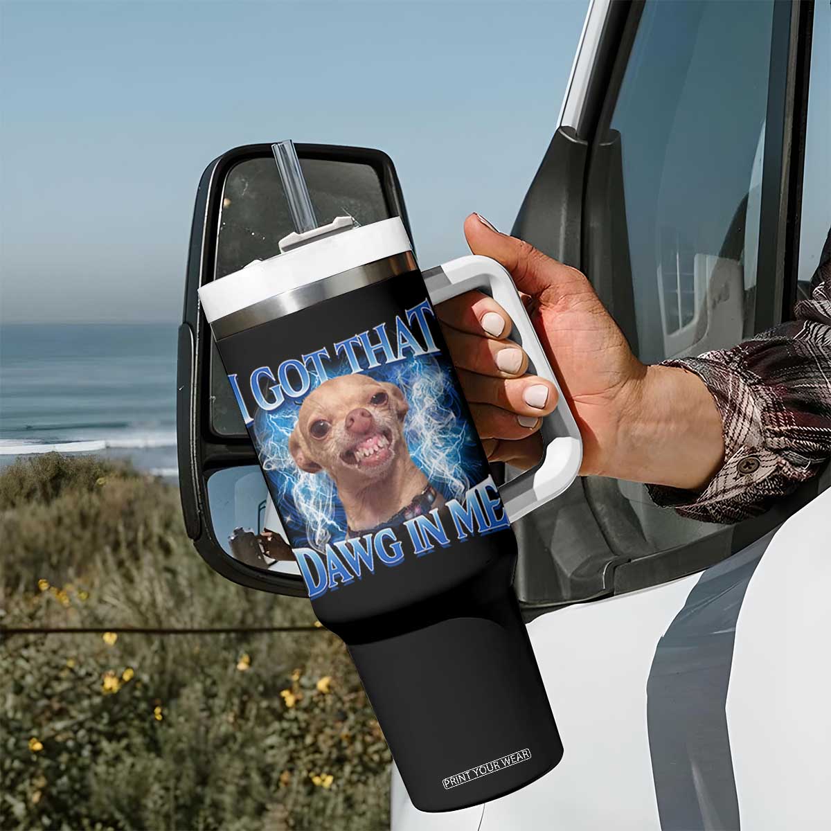 I Got That Dawg in Me Chihuahua Tumbler With Handle Funny Ironic Meme Viral Quote TS10 Print Your Wear