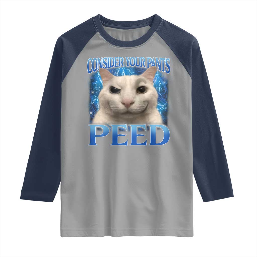 Meme Cat Raglan Shirt Funny Weird Humor Consider Your Pants Peed TS10 Sport Gray Navy Print Your Wear