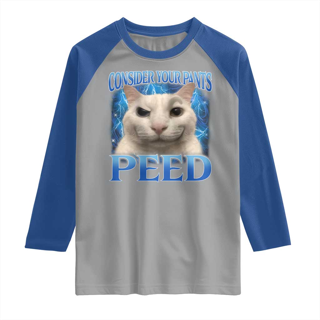 Meme Cat Raglan Shirt Funny Weird Humor Consider Your Pants Peed TS10 Sport Gray Royal Print Your Wear