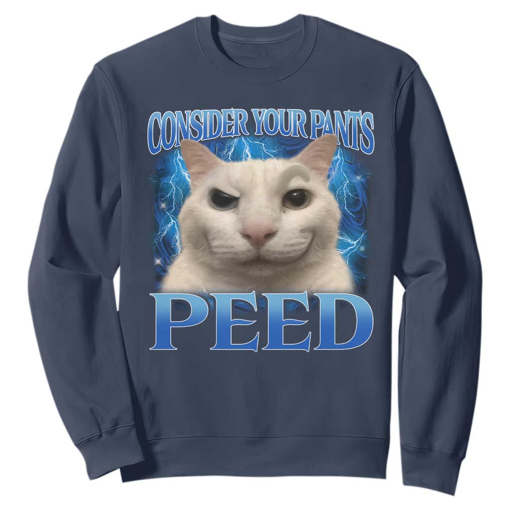 Meme Cat Sweatshirt Funny Weird Humor Consider Your Pants Peed TS10 Navy Print Your Wear