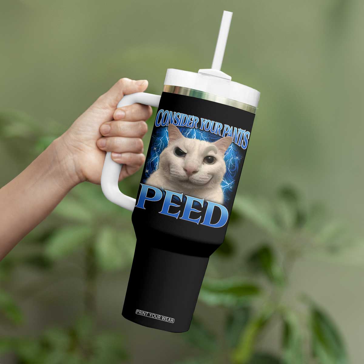 Meme Cat Tumbler With Handle Funny Weird Humor Consider Your Pants Peed TS10 Print Your Wear