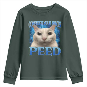 Meme Cat Youth Sweatshirt Funny Weird Humor Consider Your Pants Peed TS10 Dark Forest Green Print Your Wear
