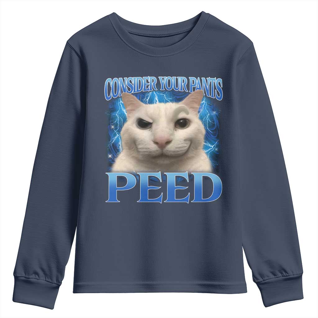 Meme Cat Youth Sweatshirt Funny Weird Humor Consider Your Pants Peed TS10 Navy Print Your Wear