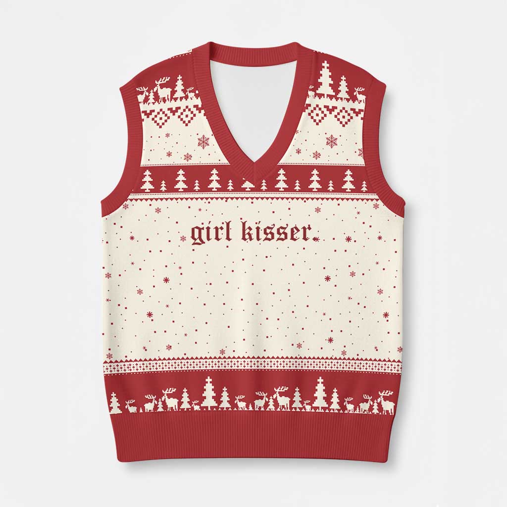 Girl Kisser V-Neck Knit Sweater Vest Funny Lesbian Pride TS10 Beige Red Print Your Wear