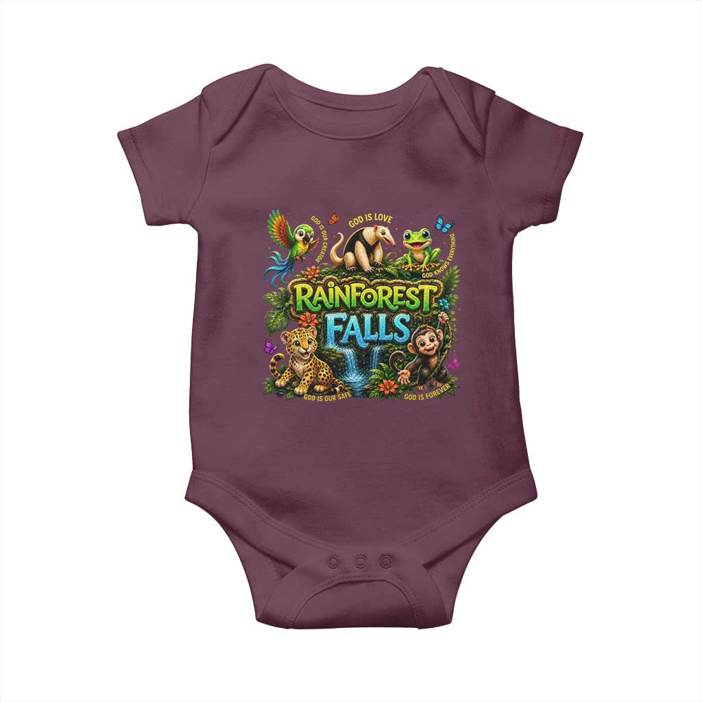 VBS 2026 Baby Onesie Rainforest Falls Exploring The Nature of God VBS 2026 TS10 Maroon Print Your Wear