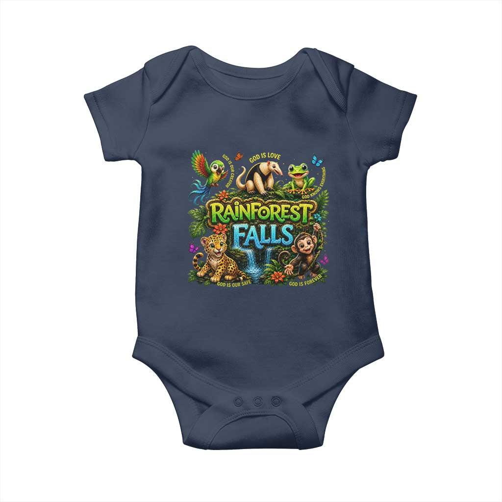 VBS 2026 Baby Onesie Rainforest Falls Exploring The Nature of God VBS 2026 TS10 Navy Print Your Wear