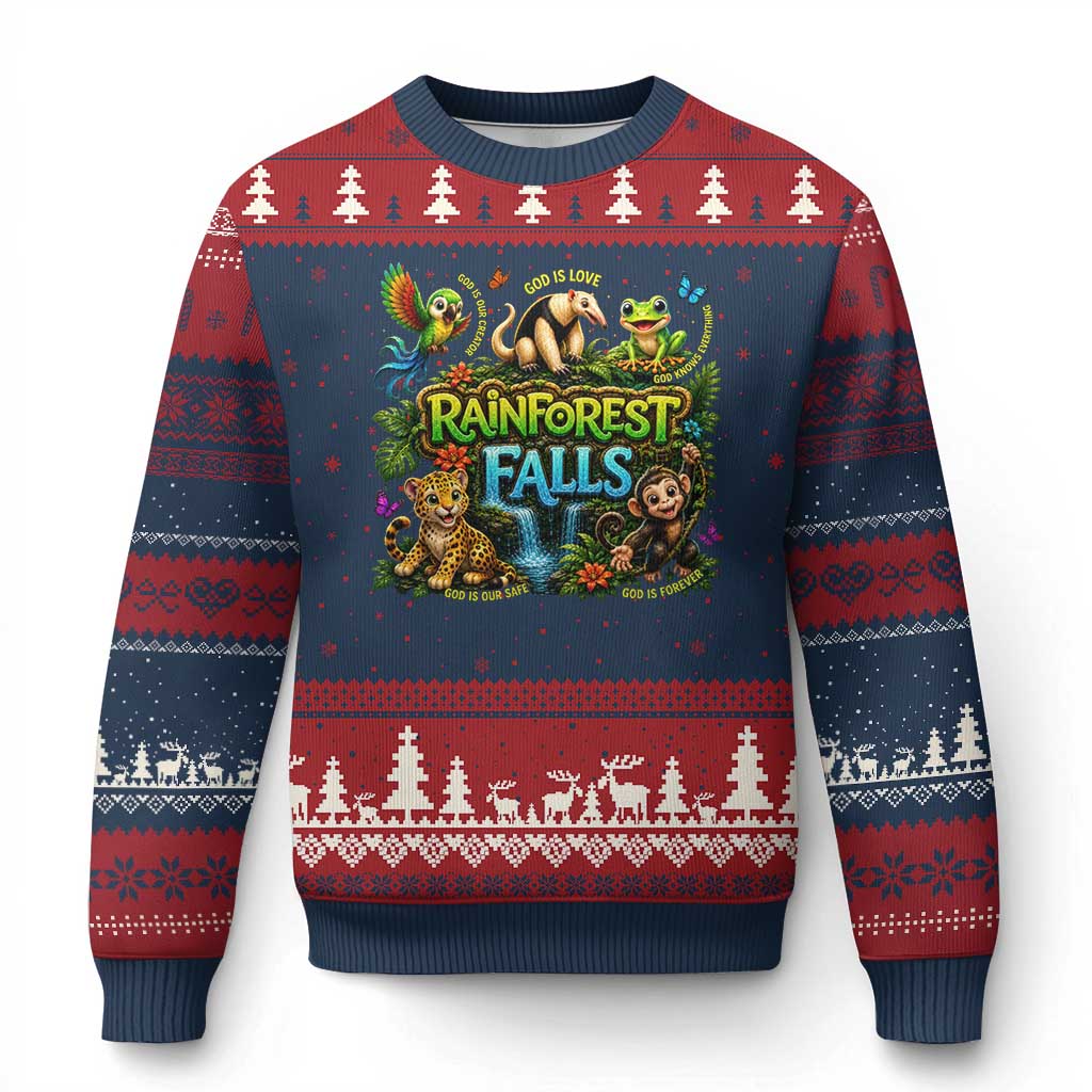 VBS 2026 Ugly Christmas Sweater Rainforest Falls Exploring The Nature of God VBS 2026 TS10 Navy Red Print Your Wear