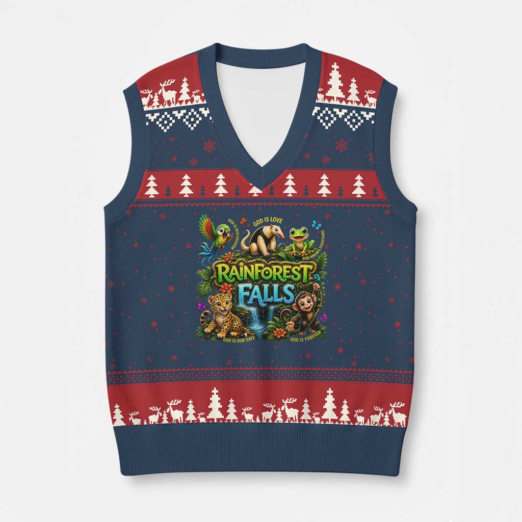 VBS 2026 V-Neck Knit Sweater Vest Rainforest Falls Exploring The Nature of God VBS 2026 TS10 Navy Red Print Your Wear