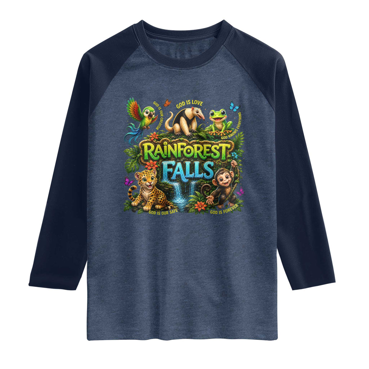 VBS 2026 Raglan Shirt Rainforest Falls Exploring The Nature of God VBS 2026 TS10 Heather Denim Navy Print Your Wear