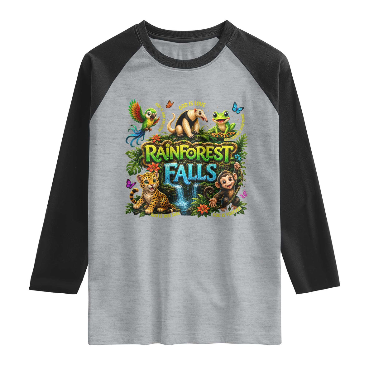 VBS 2026 Raglan Shirt Rainforest Falls Exploring The Nature of God VBS 2026 TS10 Heather Gray Black Print Your Wear