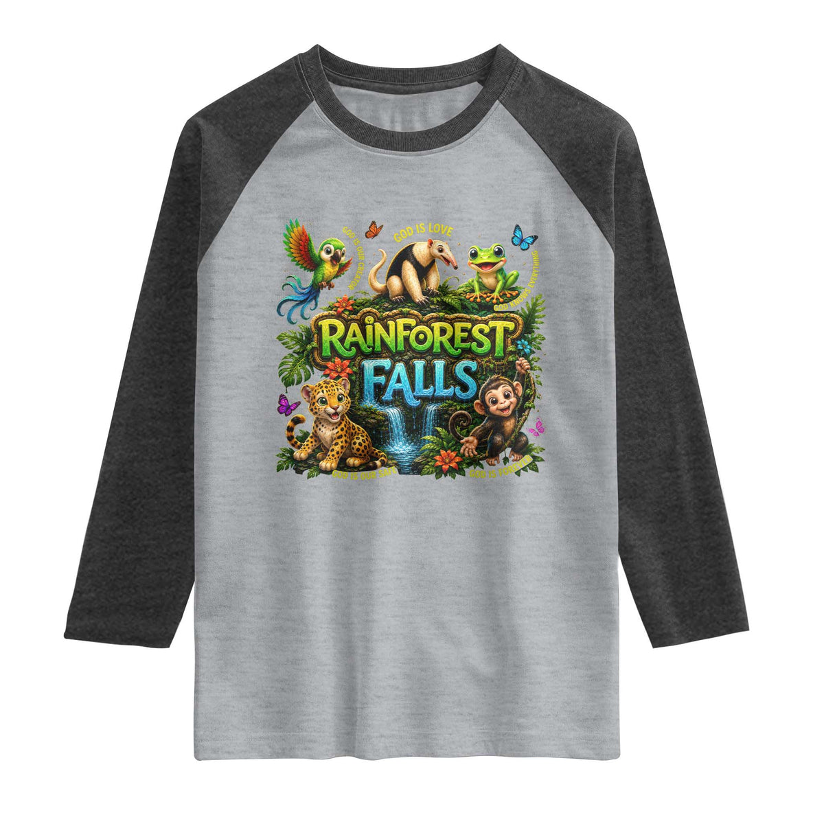 VBS 2026 Raglan Shirt Rainforest Falls Exploring The Nature of God VBS 2026 TS10 Heather Gray Heather Charcoal Print Your Wear