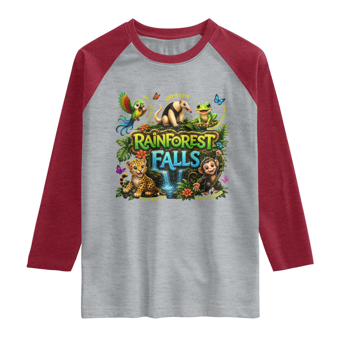 VBS 2026 Raglan Shirt Rainforest Falls Exploring The Nature of God VBS 2026 TS10 Heather Gray Heather Red Print Your Wear