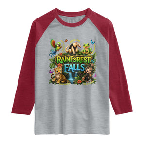 VBS 2026 Raglan Shirt Rainforest Falls Exploring The Nature of God VBS 2026 TS10 Heather Gray Heather Red Print Your Wear
