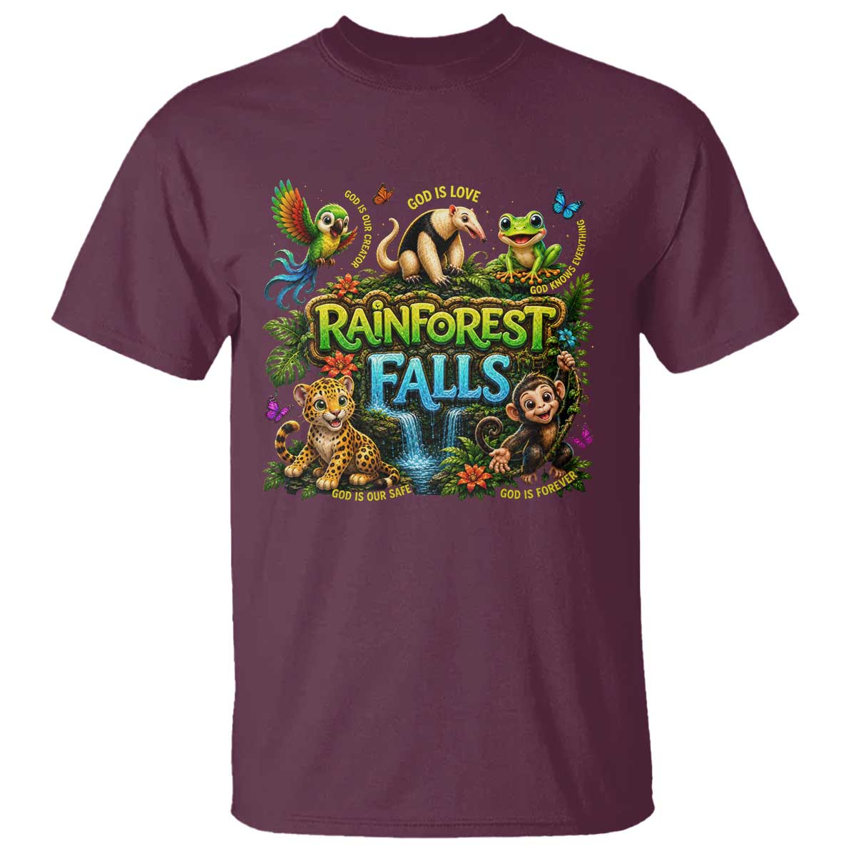 VBS 2026 T Shirt Rainforest Falls Exploring The Nature of God VBS 2026 TS10 Maroon Print Your Wear