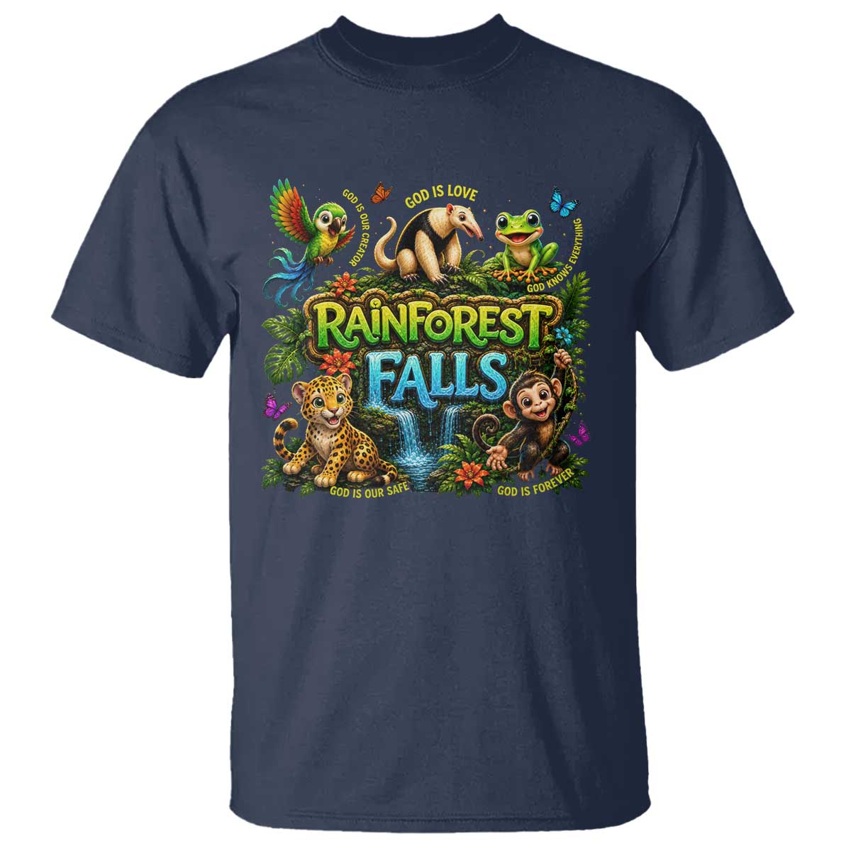 VBS 2026 T Shirt Rainforest Falls Exploring The Nature of God VBS 2026 TS10 Navy Print Your Wear