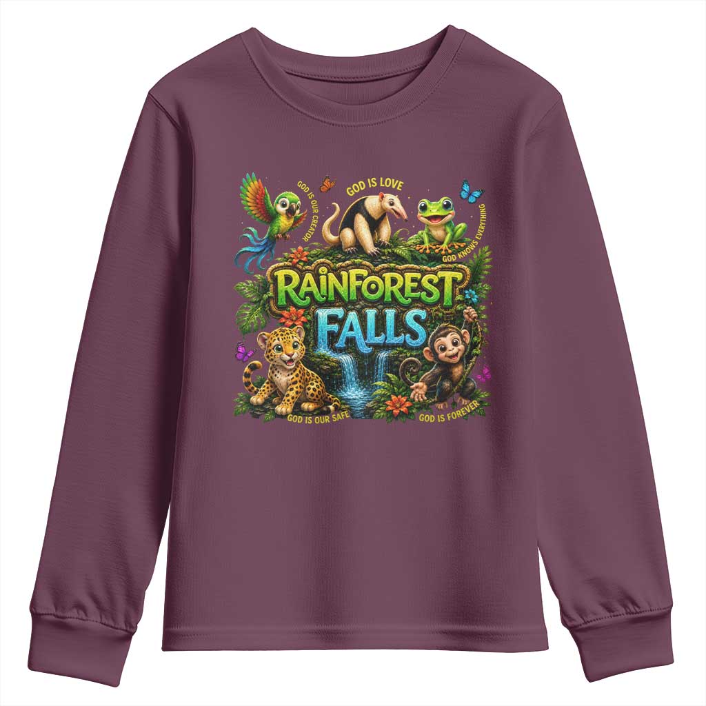 VBS 2026 Youth Sweatshirt Rainforest Falls Exploring The Nature of God VBS 2026 TS10 Maroon Print Your Wear