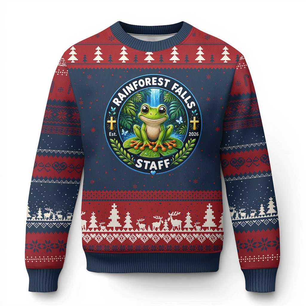 Rainforest Falls Staff Ugly Christmas Sweater VBS 2026 Director Teacher TS10 Navy Red Print Your Wear