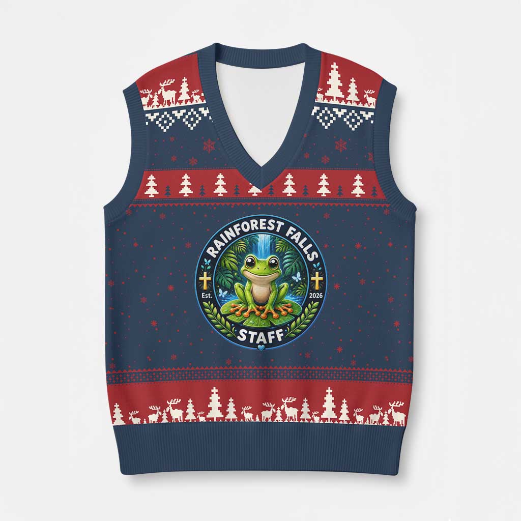 Rainforest Falls Staff V-Neck Knit Sweater Vest VBS 2026 Director Teacher TS10 Navy Red Print Your Wear