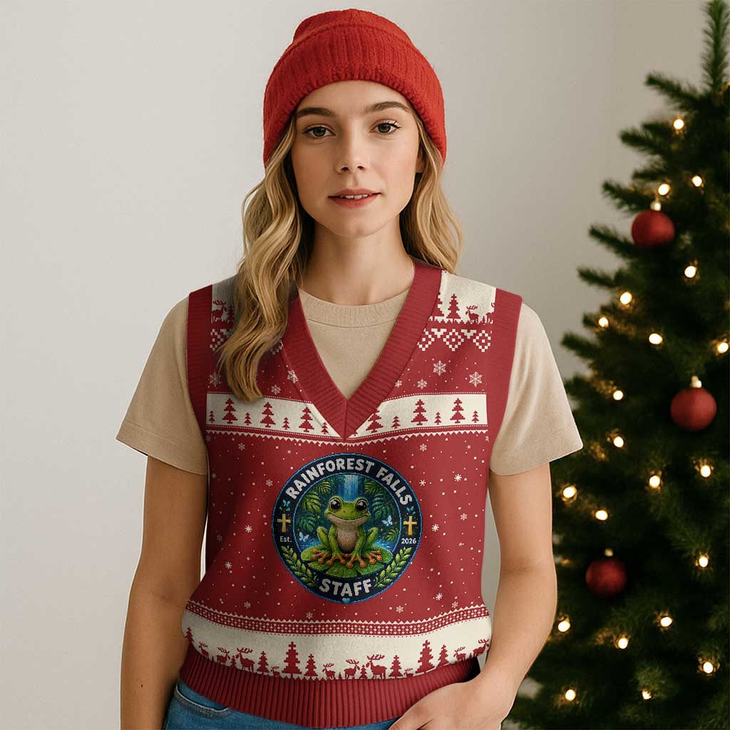 Rainforest Falls Staff V-Neck Knit Sweater Vest VBS 2026 Director Teacher TS10 Red Beige Print Your Wear